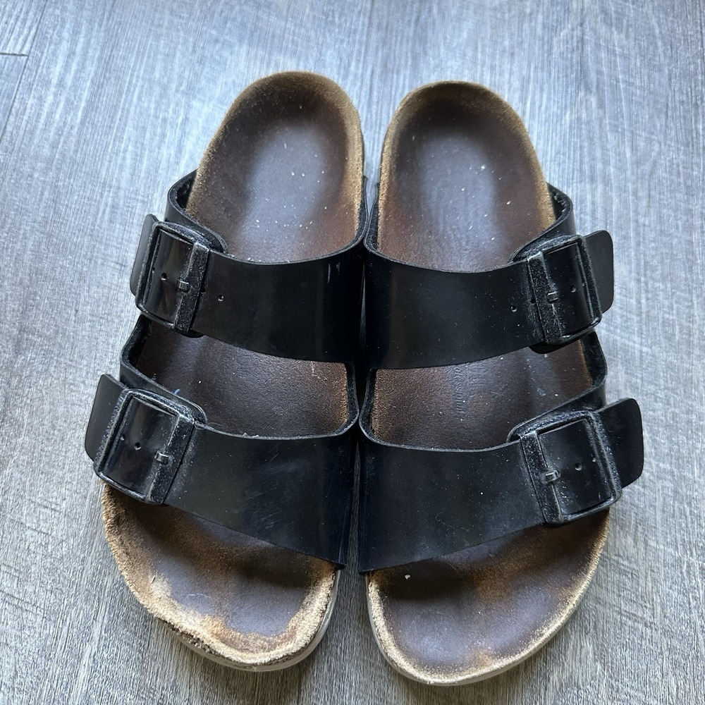 Birkenstock Unisex Slide Sandals Black Double Buckle Cork Footbed US 38